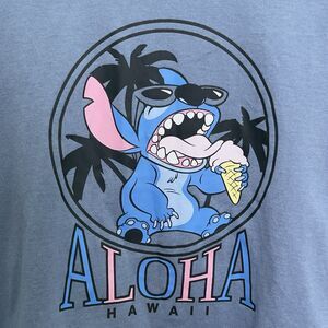NWT Disney Stitch Tee Women XL Blue Aloha Hawaii Cropped Short sleeve Crew Neck